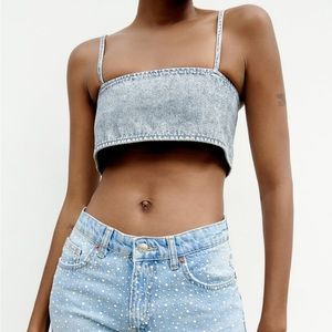 ZARA RHINESTONE DENIM CROP TOP